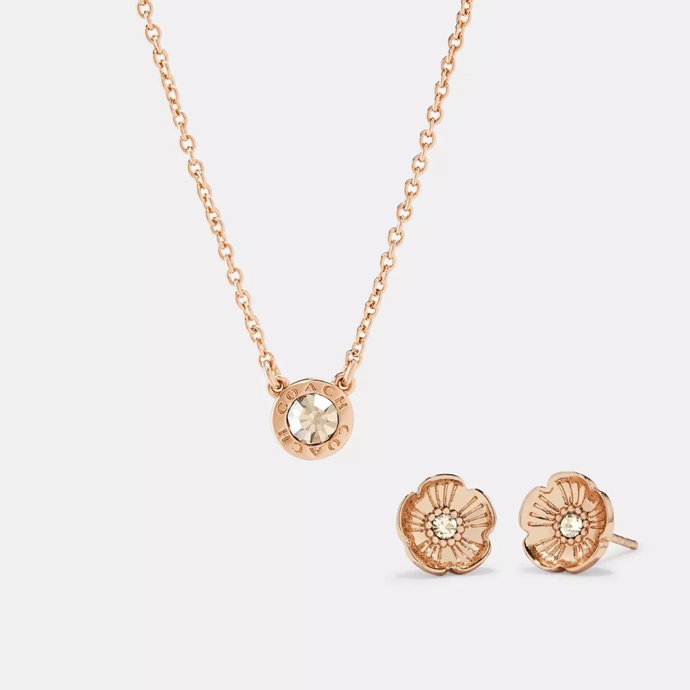 Coach rose gold brass crystal necklace and matching flower earring set - Picture 5 of 5
